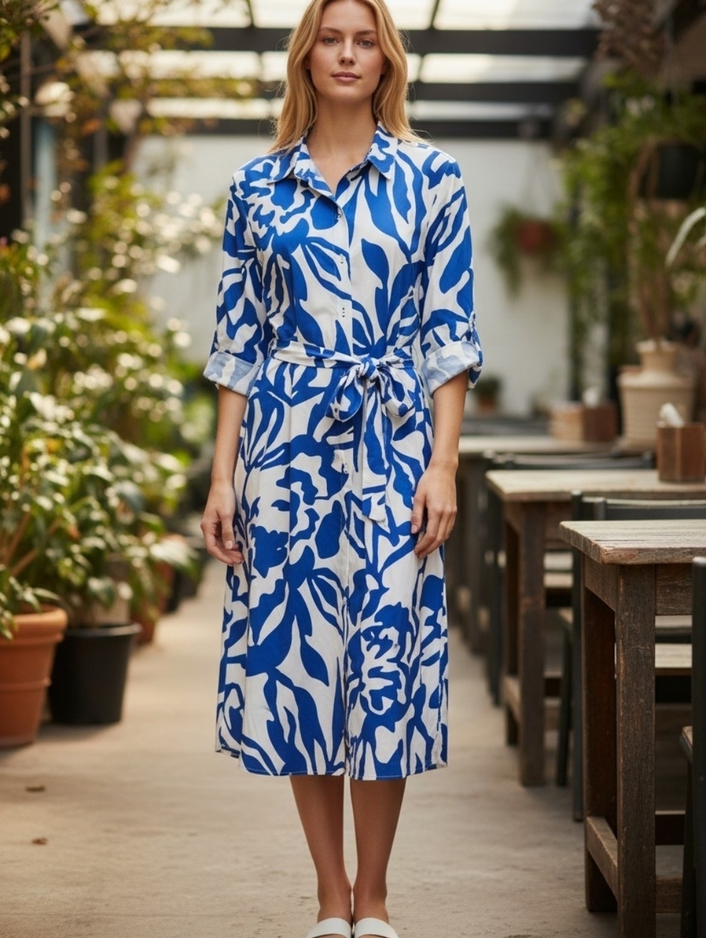 Harlowe And Rose By Anthropologie Blue and White Floral Button-Front Maxi Dress